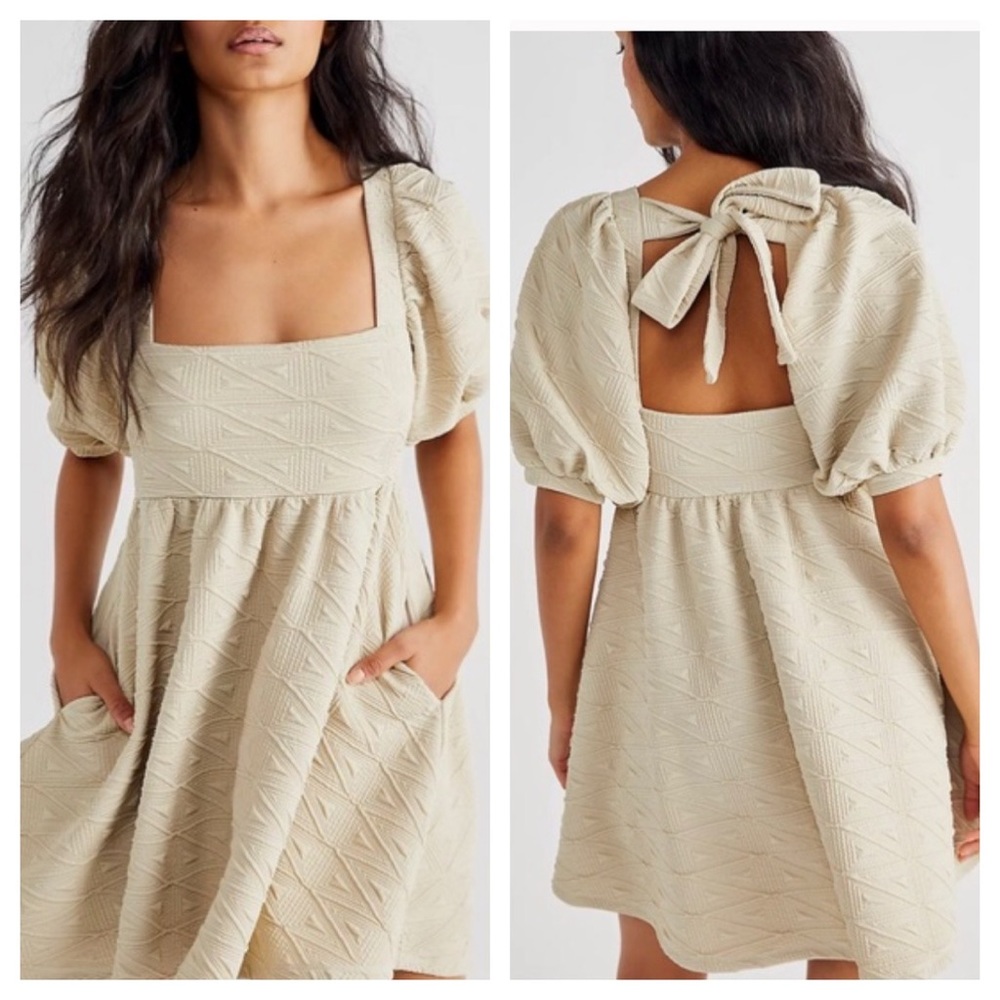 Free People Cream Textured Puff Sleeve Mini Dress